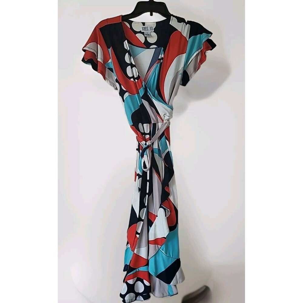 Bobbie Bee Dress Sz M  Abstract Design Orange Blue Fit Flare Ruffle Hem Tie Belt